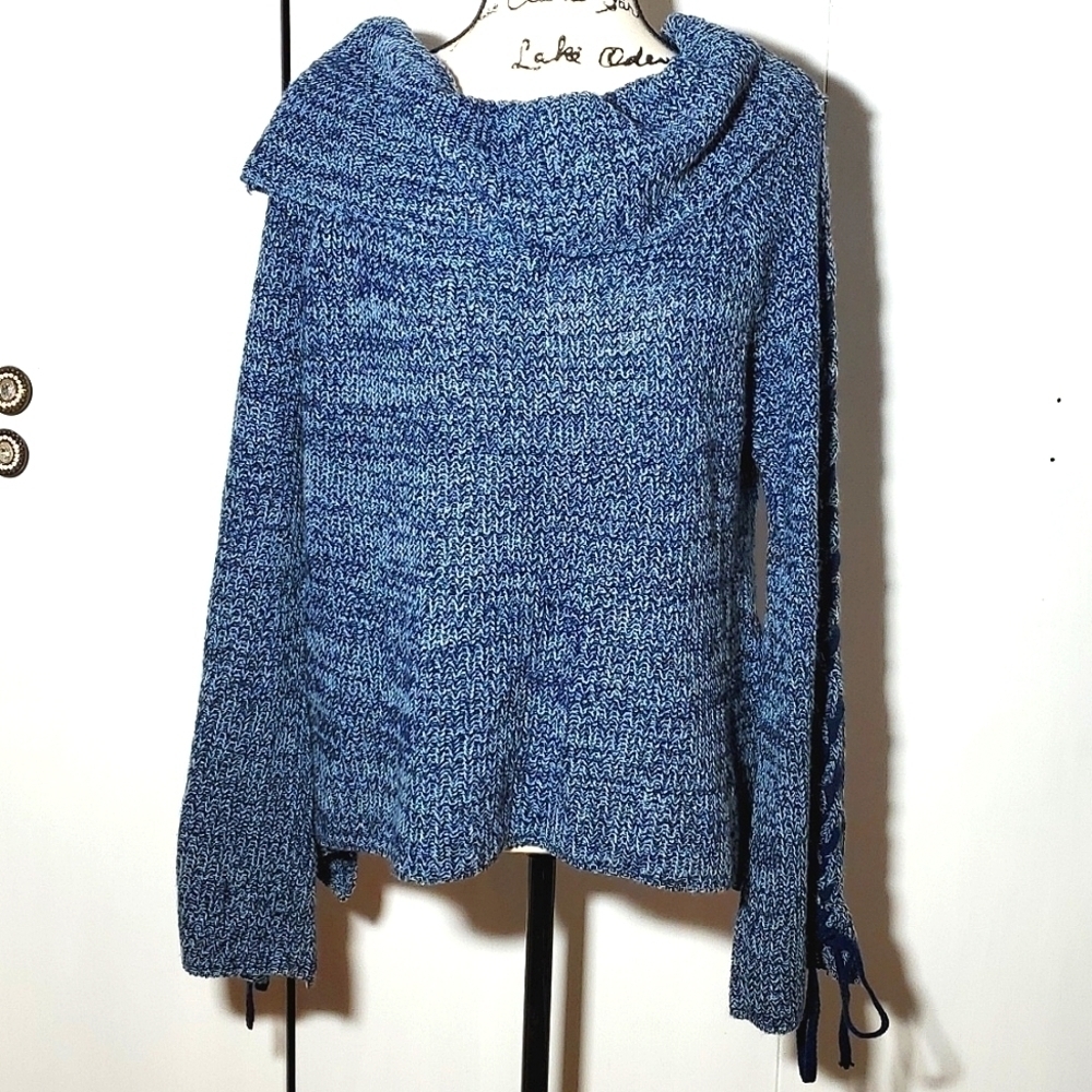 Say What? - Womens Blue cowl neck blended Sweater Mod Tie lace sleeves Sz. XL